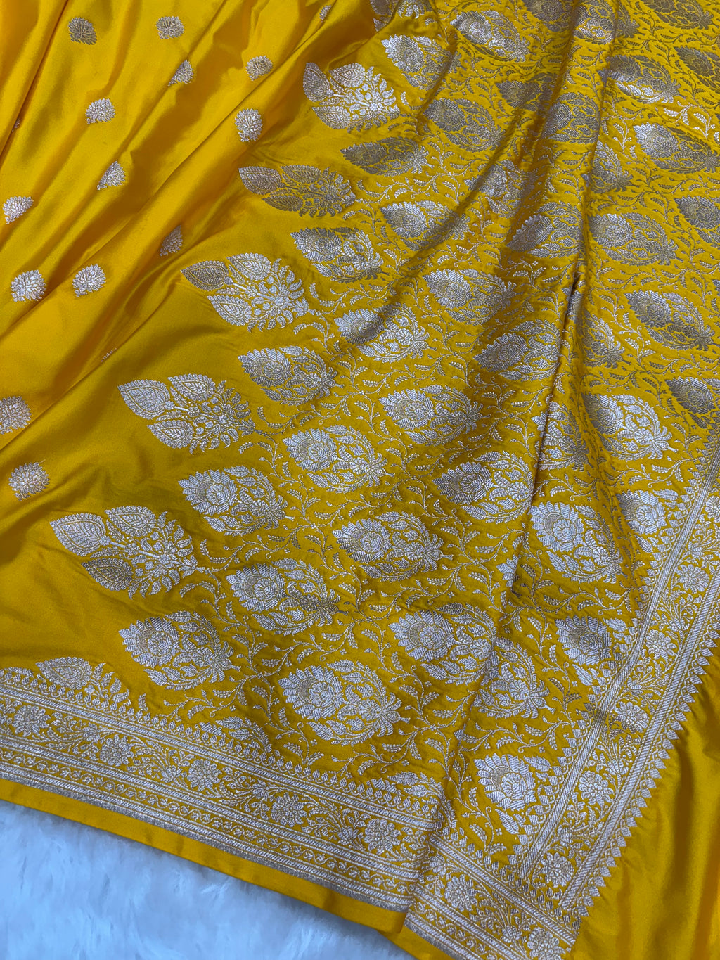 Mustard Yellow Mashru Silk Banarasi Saree with all over Motifs