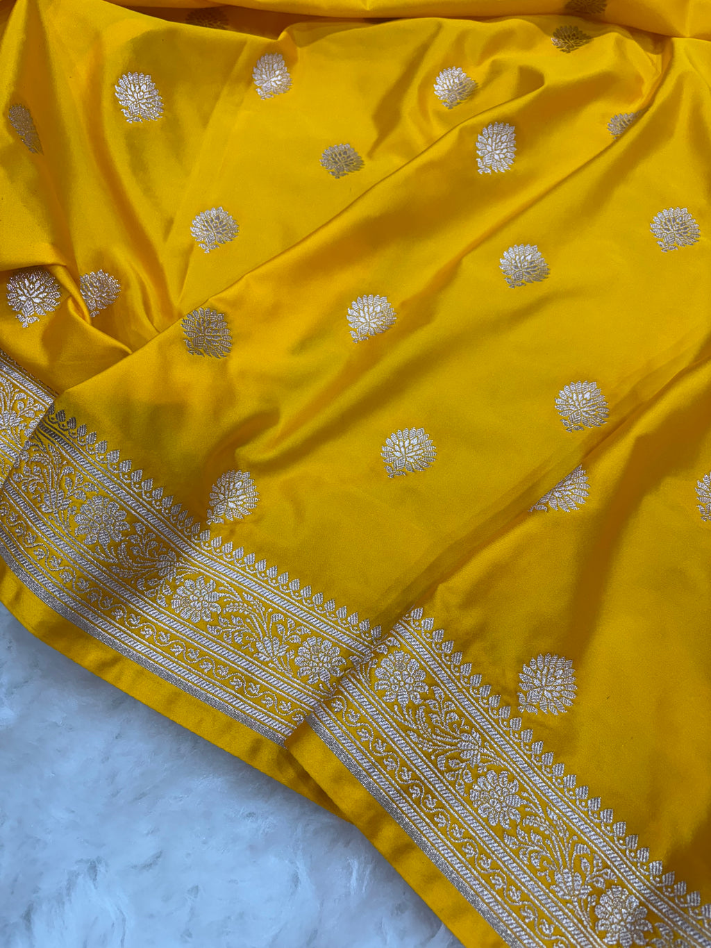 Mustard Yellow Mashru Silk Banarasi Saree with all over Motifs