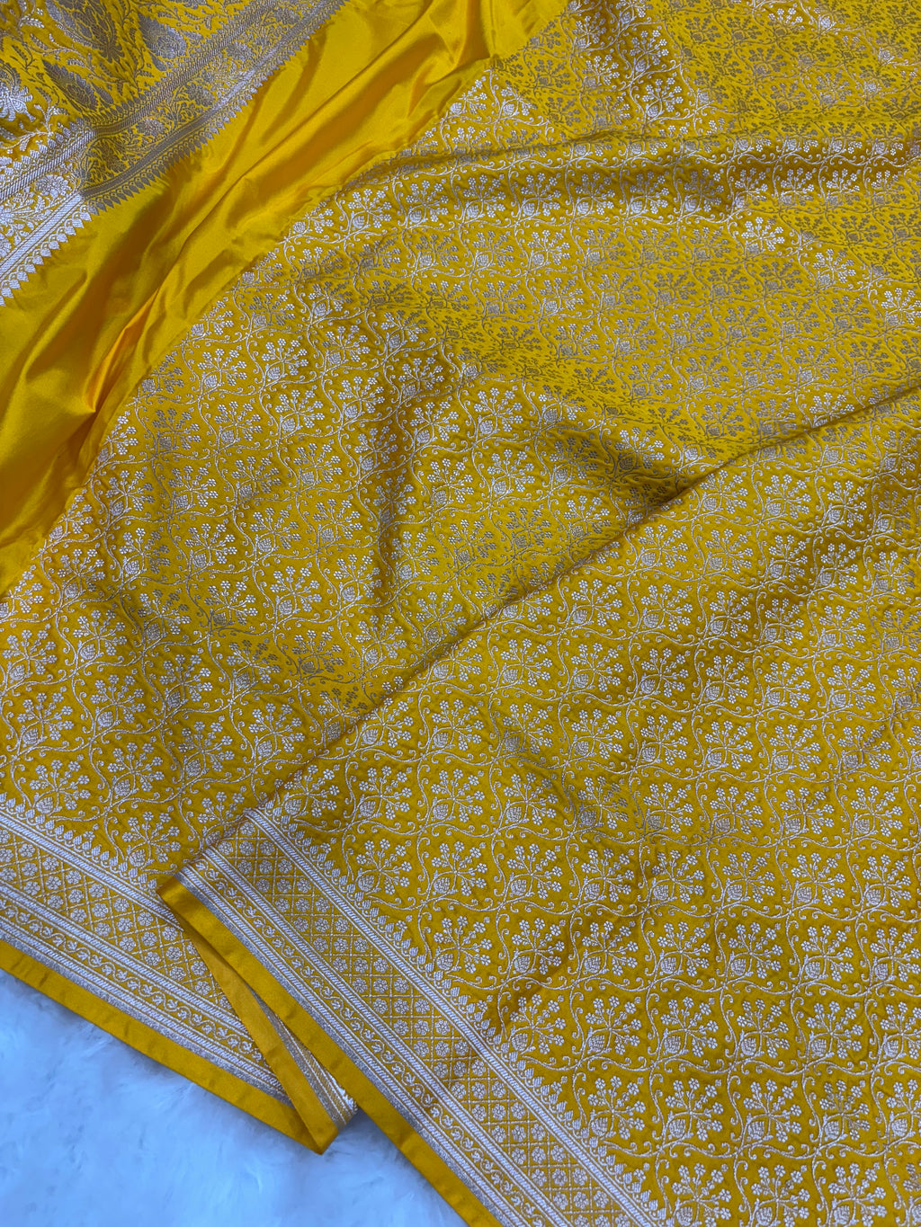 Mustard Yellow Mashru Silk Banarasi Saree with all over Motifs