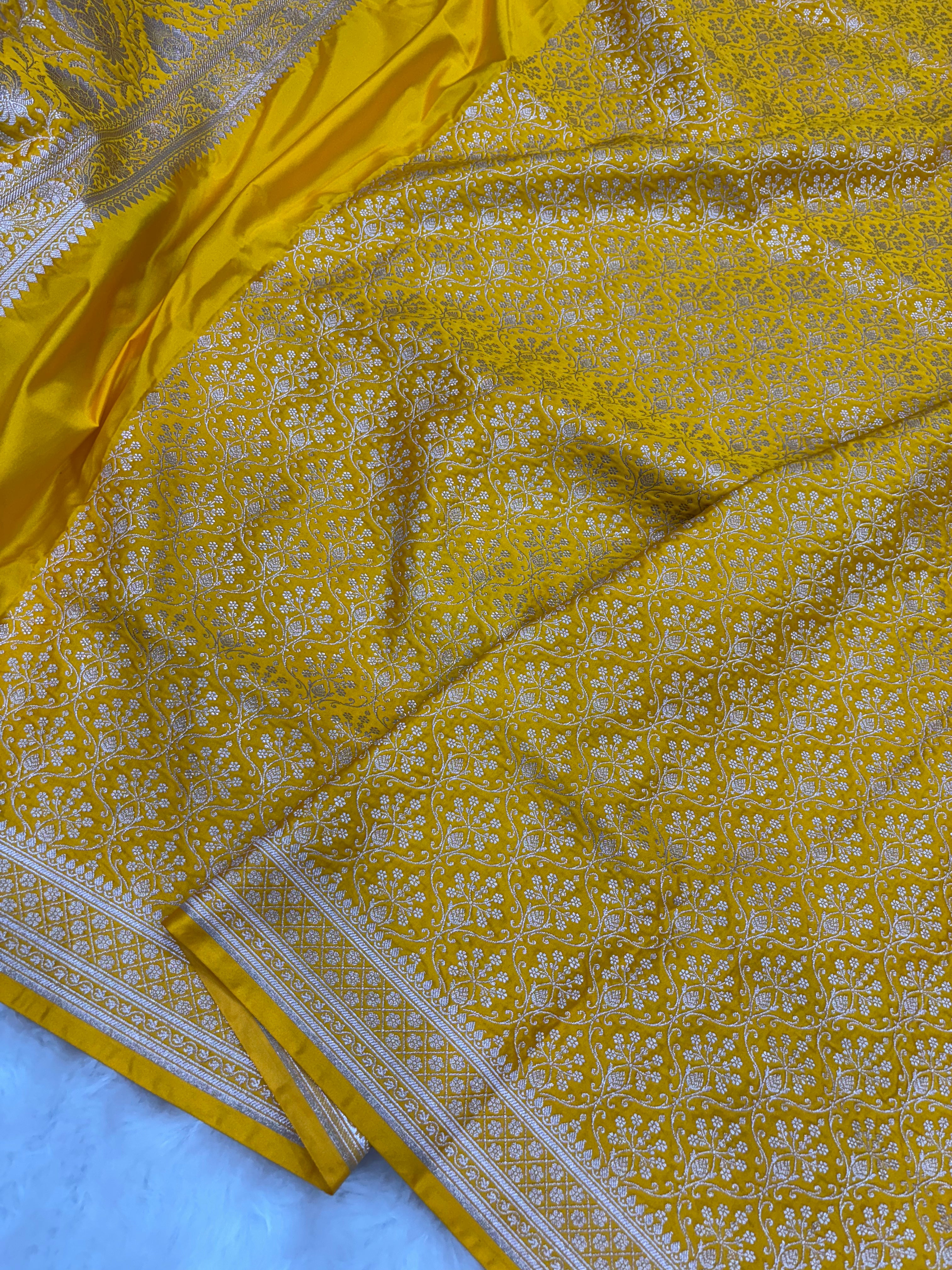Mustard Yellow Mashru Silk Banarasi Saree with all over Motifs