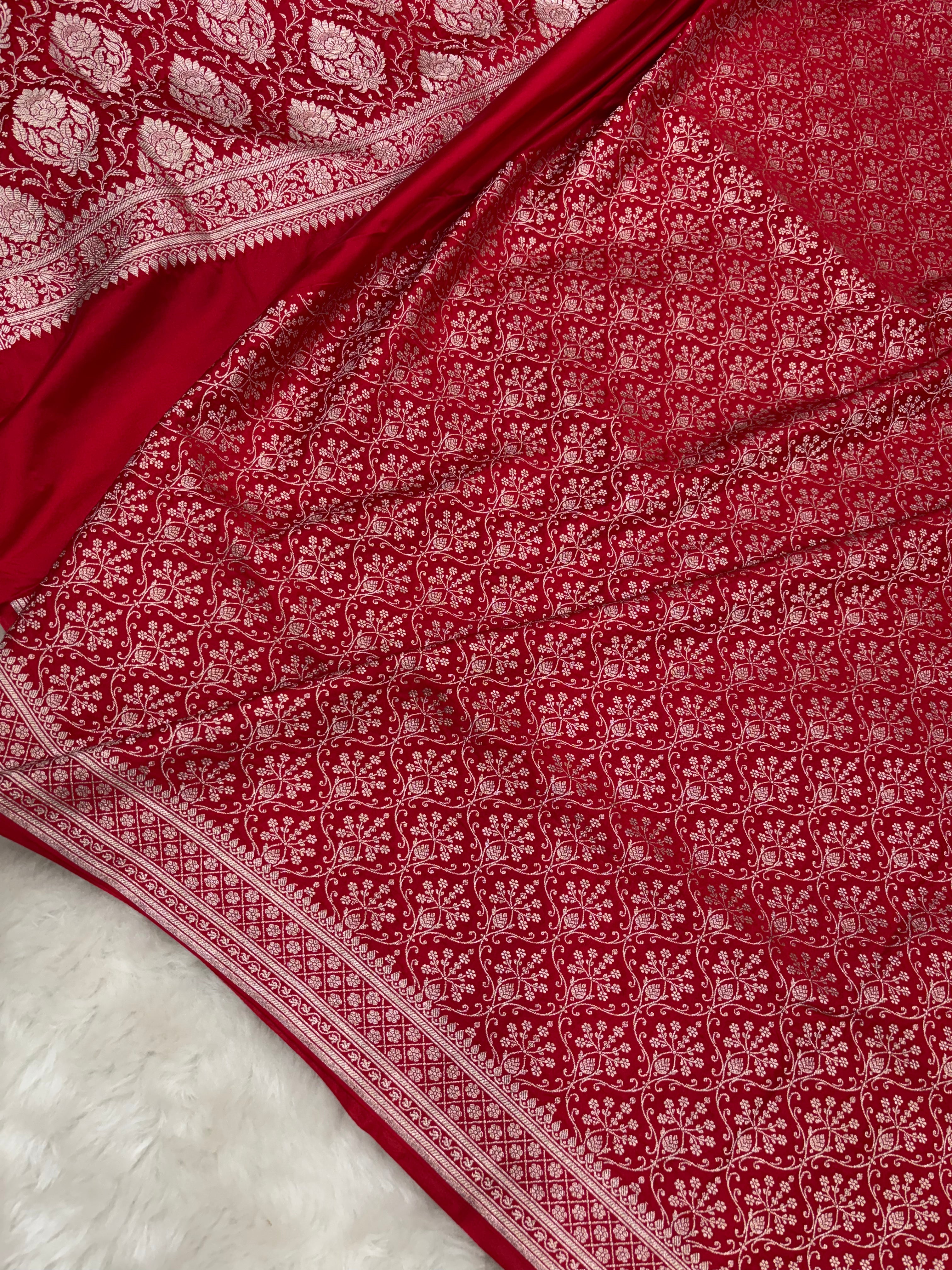 Red Mashru Silk Banarasi Saree with all over Motifs
