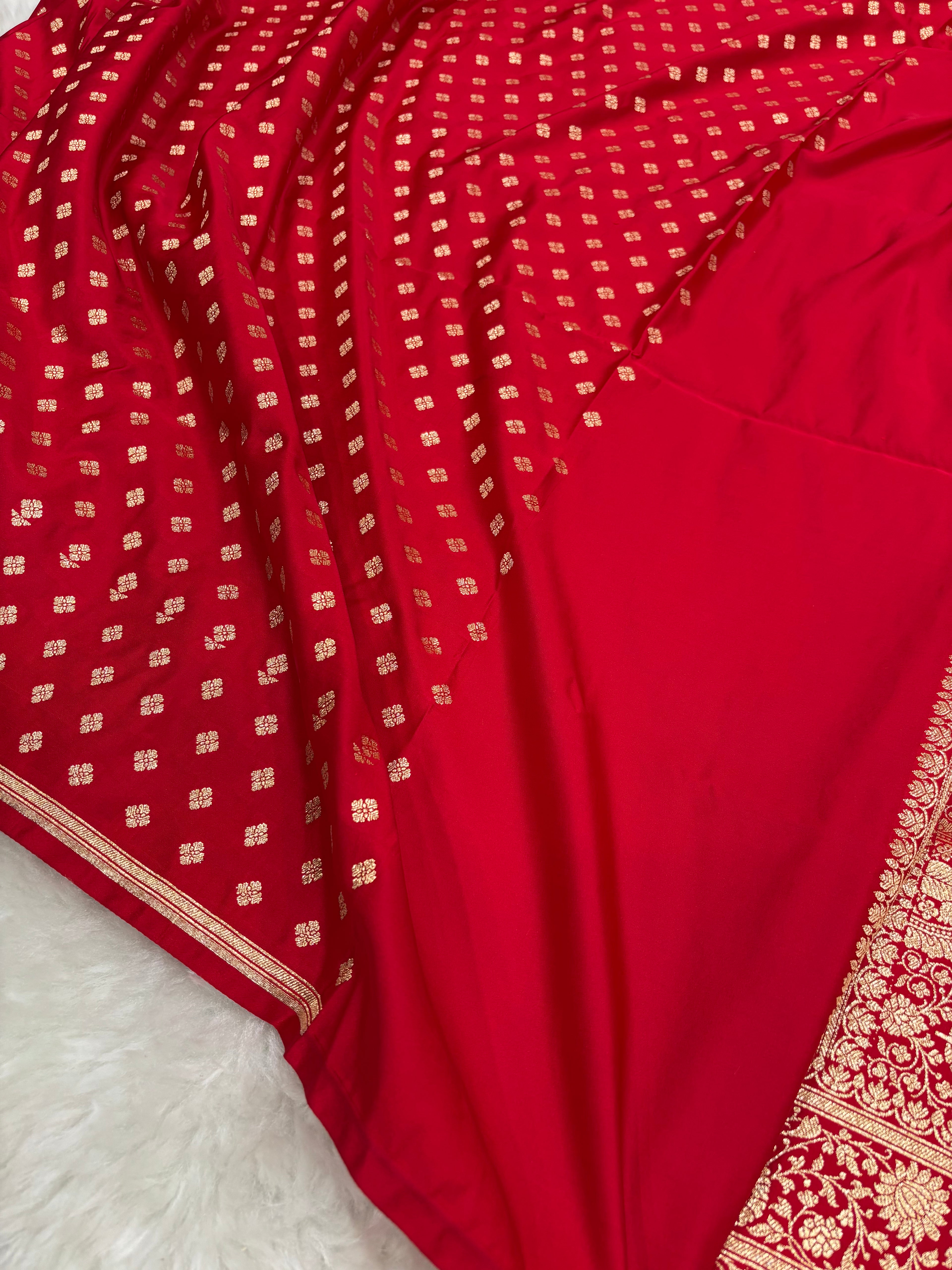 Plain Blood Red Satin Katan Silk Saree