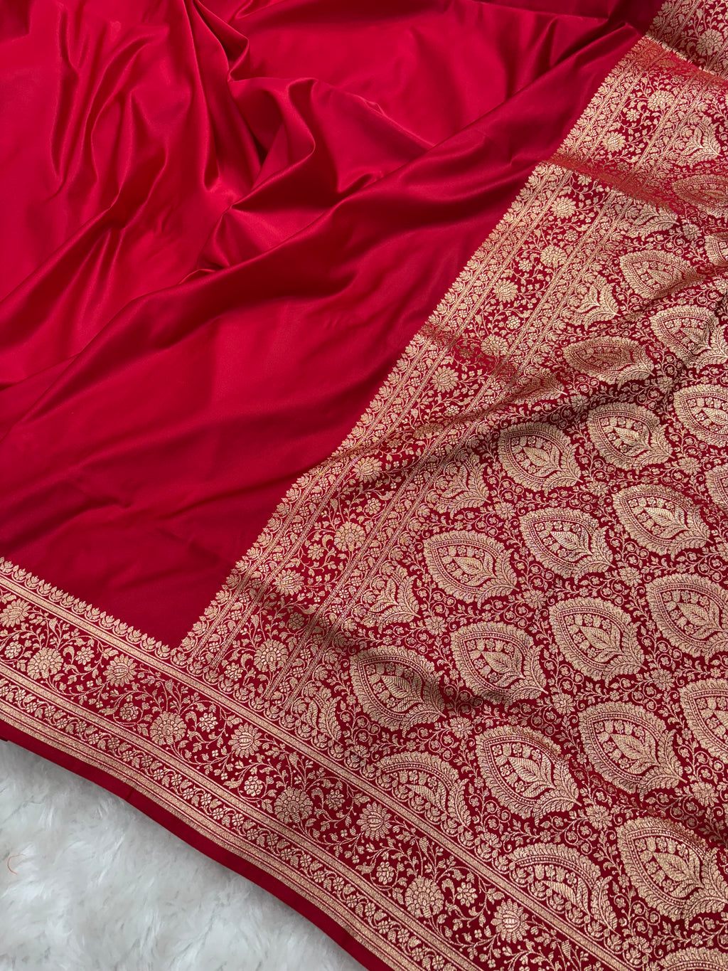 Plain Blood Red Satin Katan Silk Saree