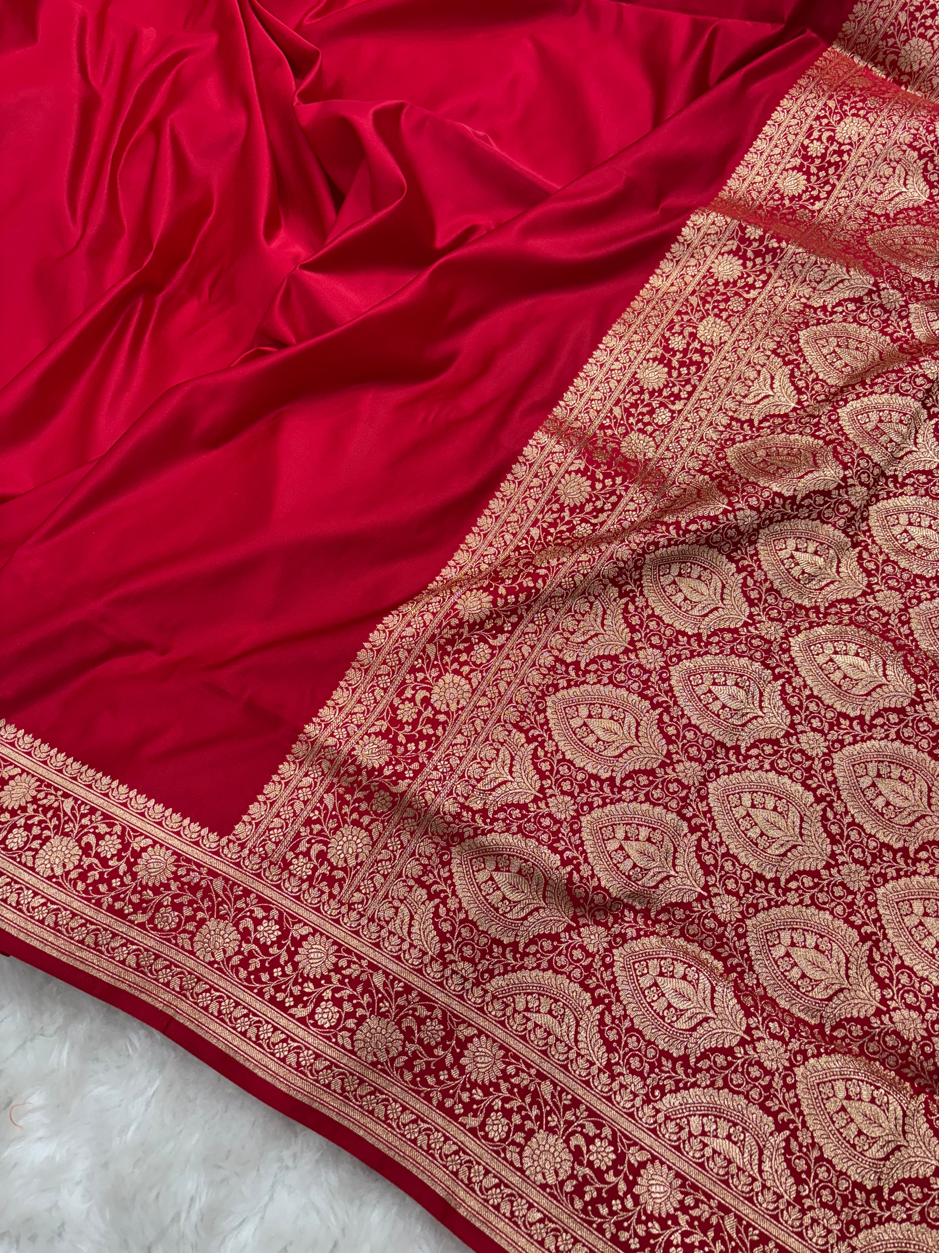 Plain Blood Red Satin Katan Silk Saree