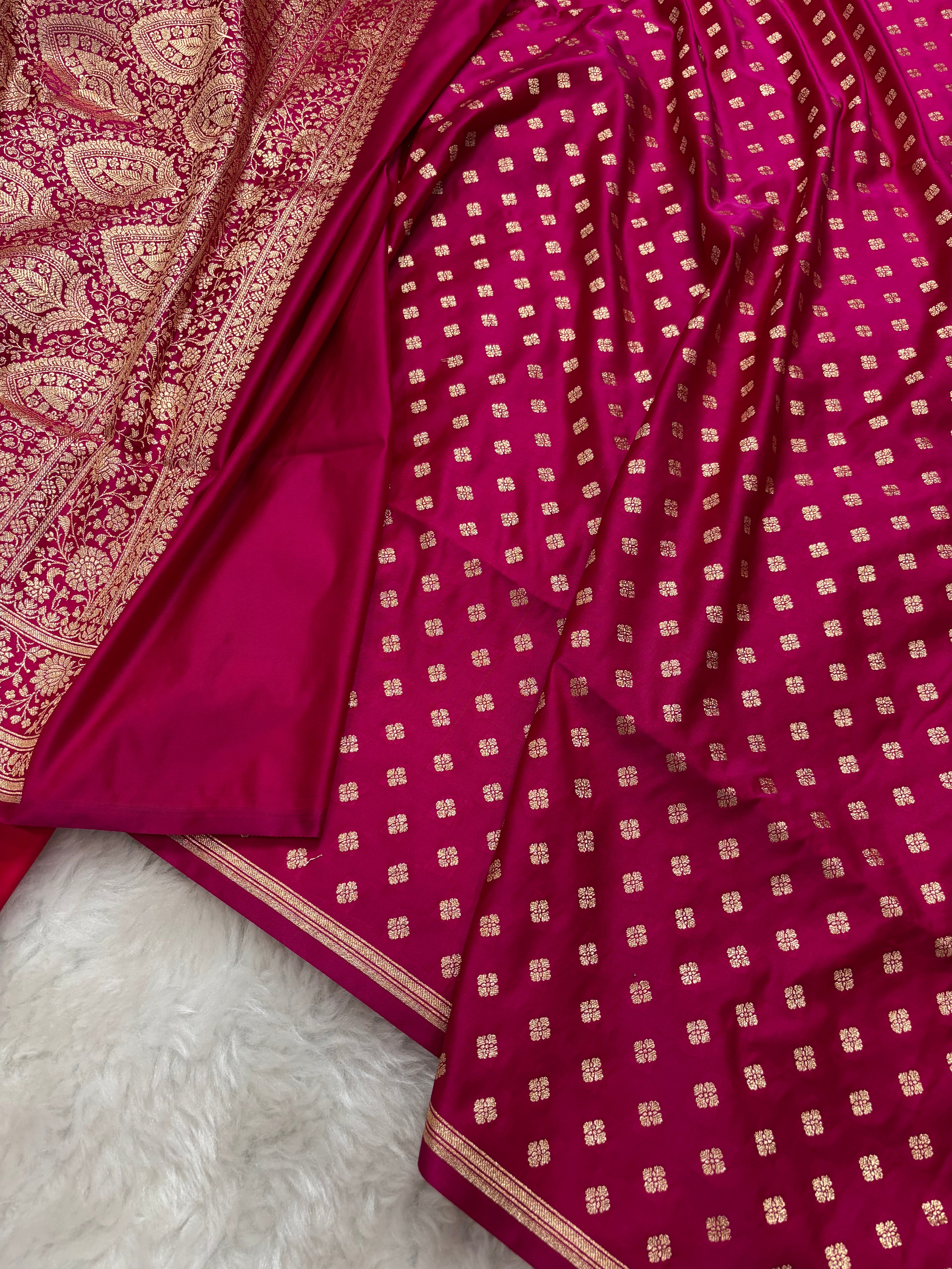 Cherry Red Satin Katan Silk Tanchoi Jaal Saree