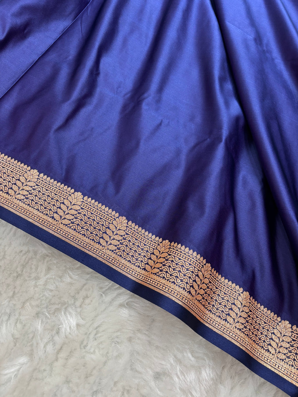 Plain Navy Blue Satin Katan Silk Saree