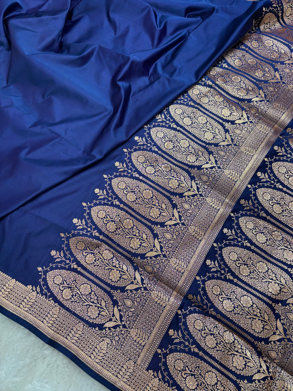 Plain Navy Blue Satin Katan Silk Saree