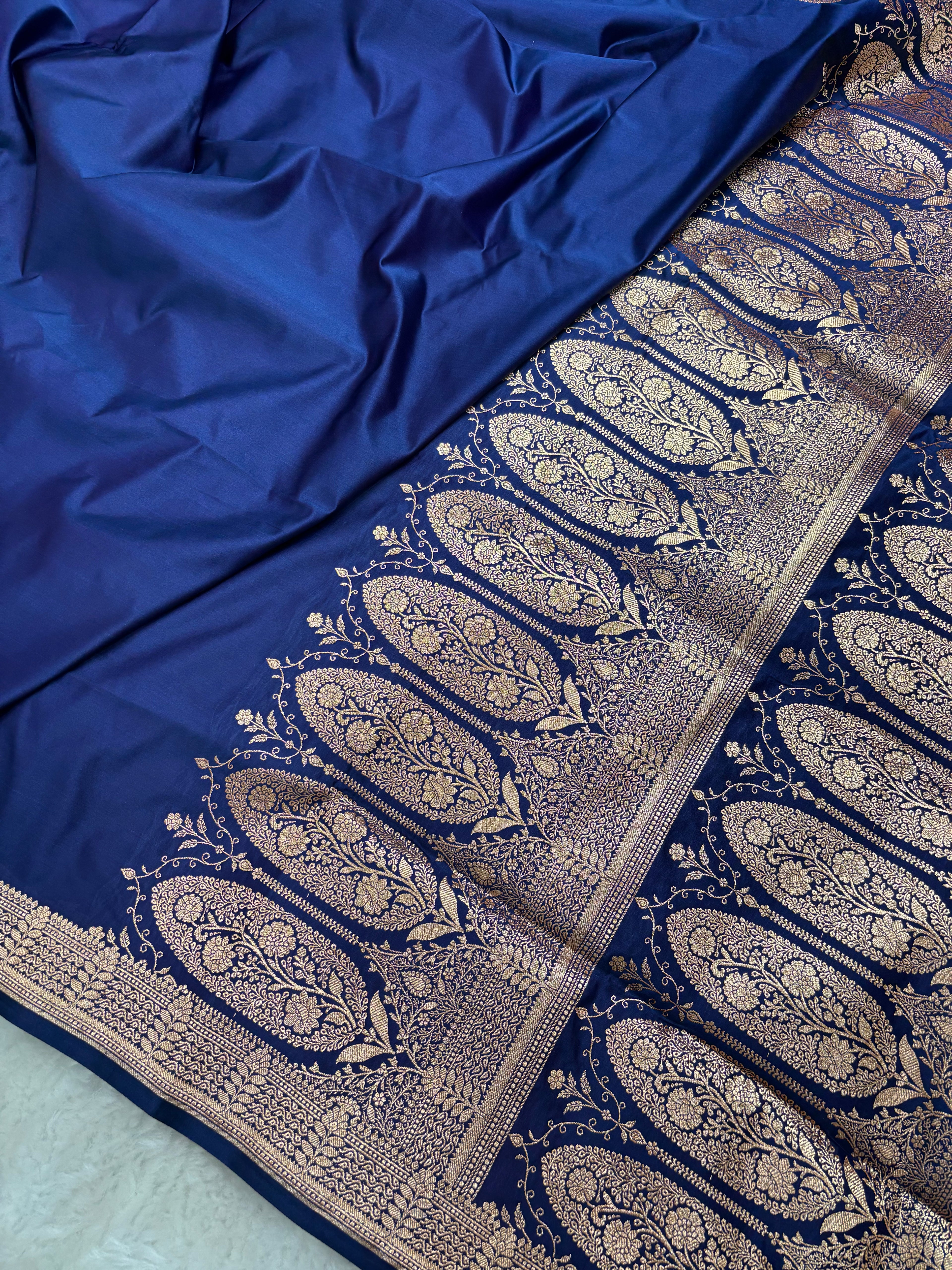 Plain Navy Blue Satin Katan Silk Saree