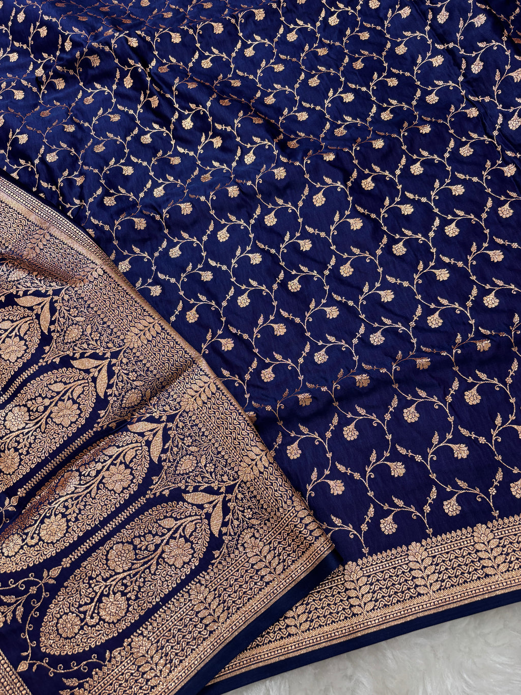 Plain Navy Blue Satin Katan Silk Saree
