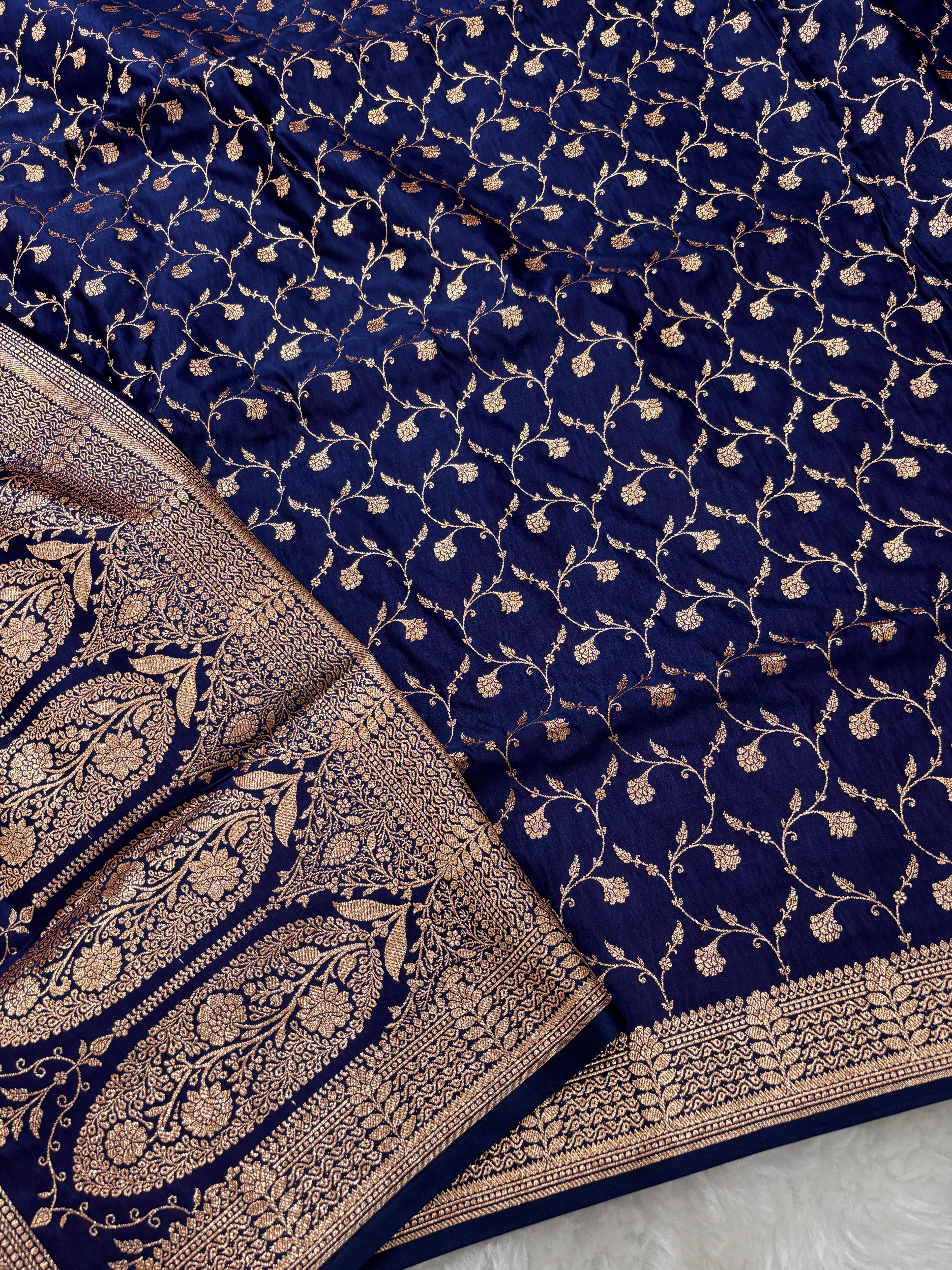 Plain Navy Blue Satin Katan Silk Saree