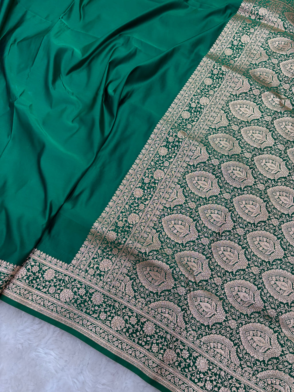 Plain Bottle Green Satin Katan Silk Saree