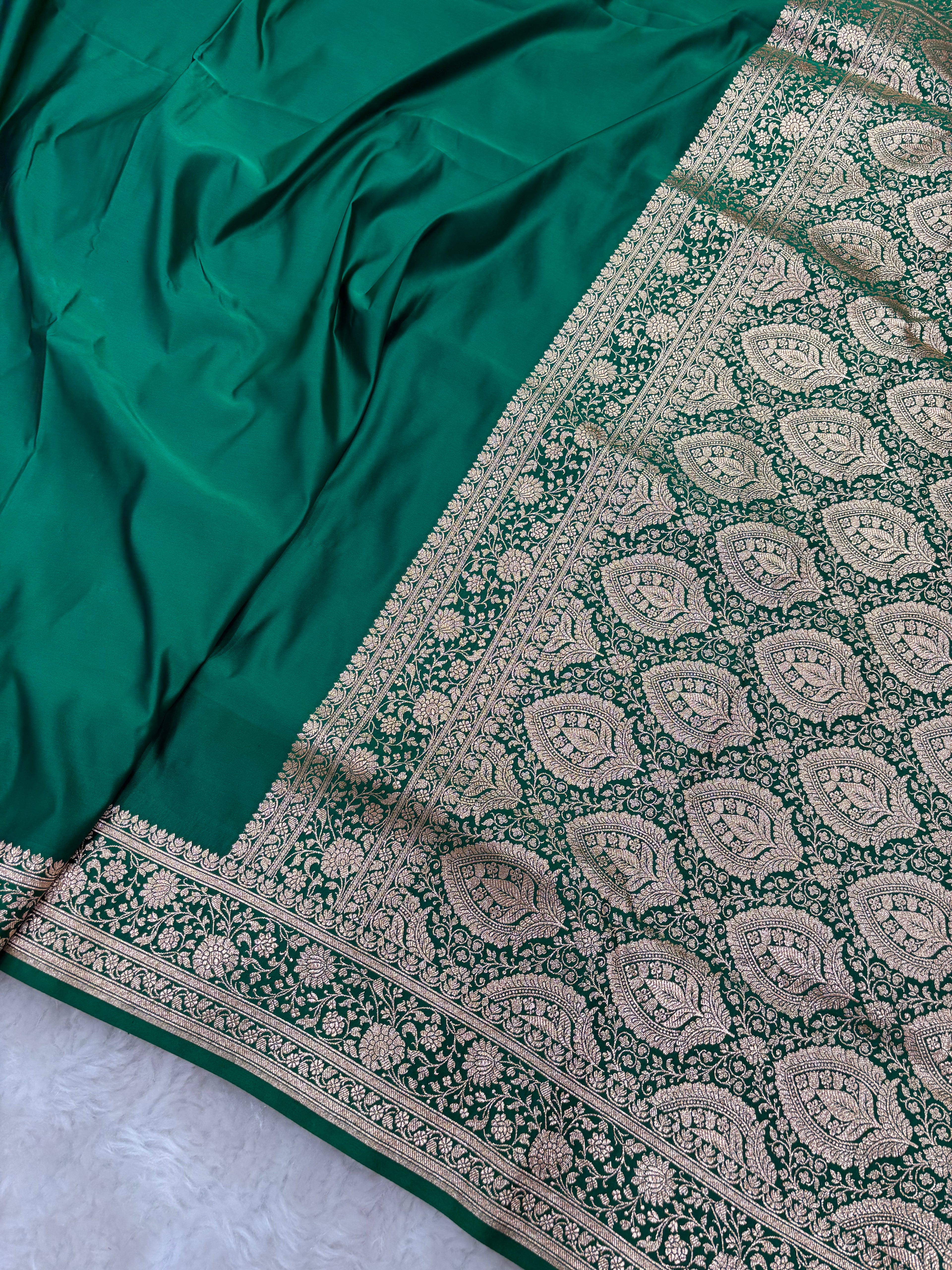 Plain Bottle Green Satin Katan Silk Saree