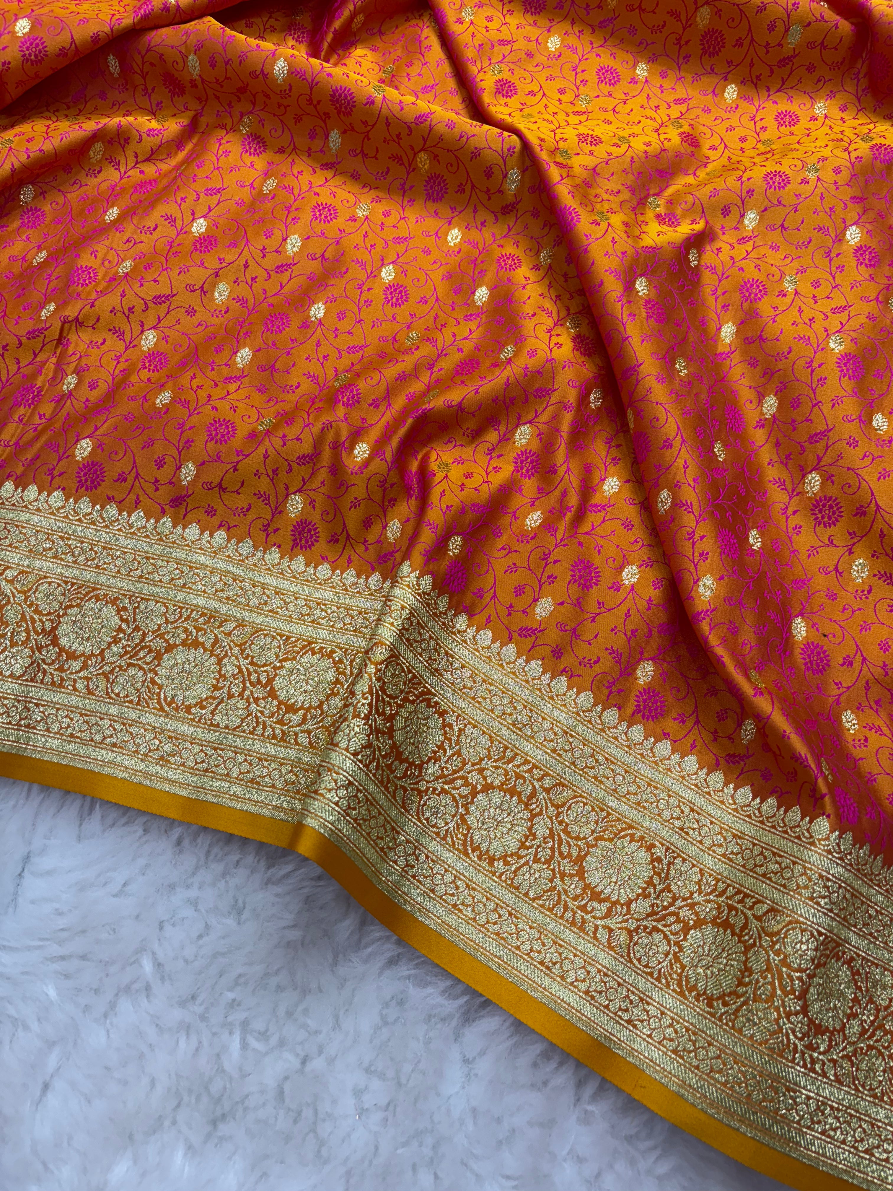 Fire Gold Satin Katan Silk Tanchoi Saree