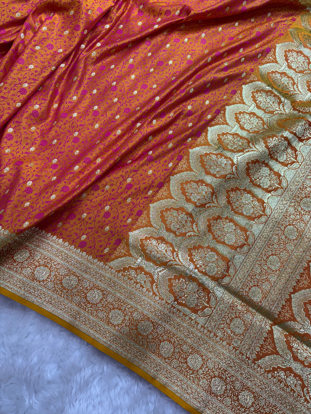 Fire Gold Satin Katan Silk Tanchoi Saree