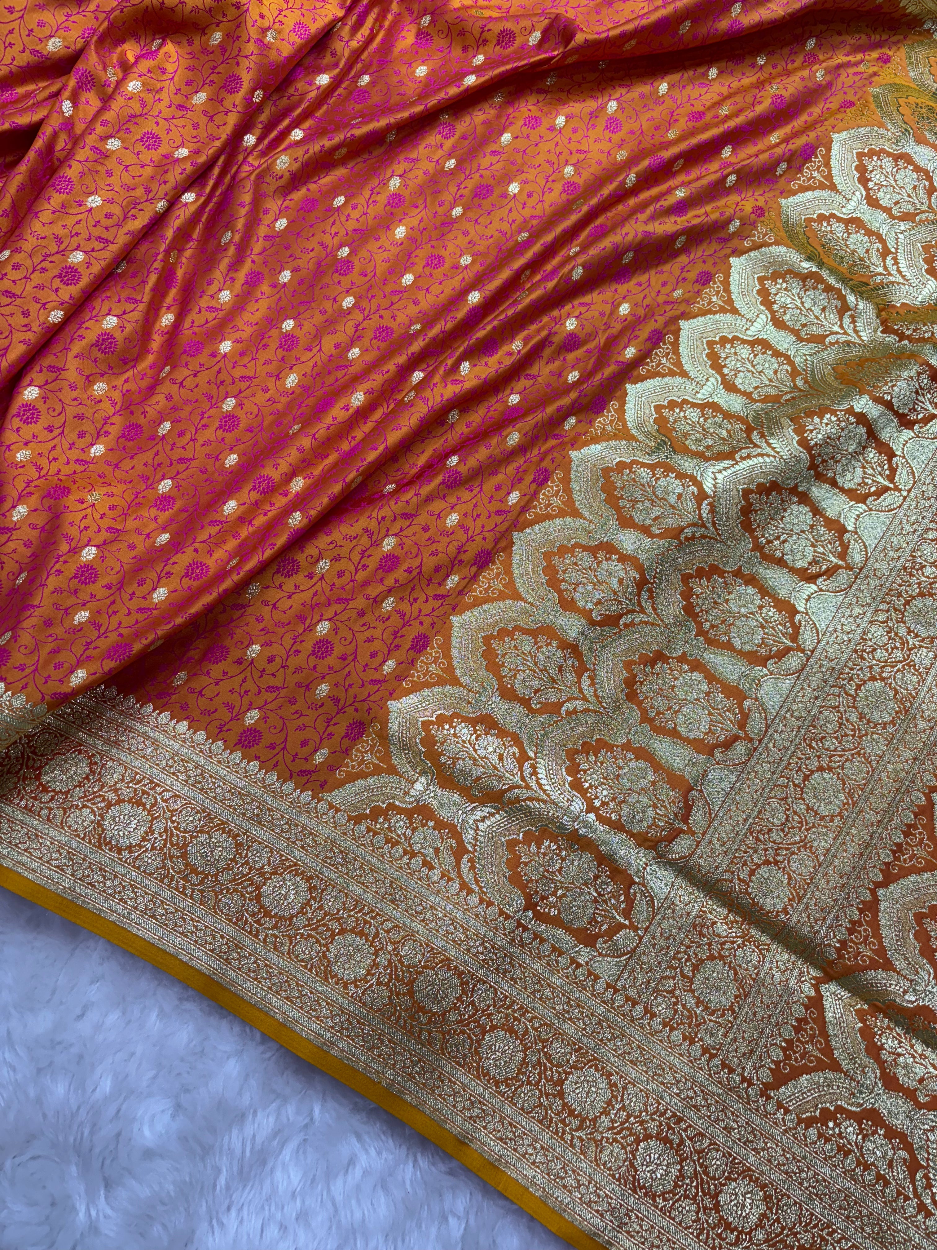 Fire Gold Satin Katan Silk Tanchoi Saree