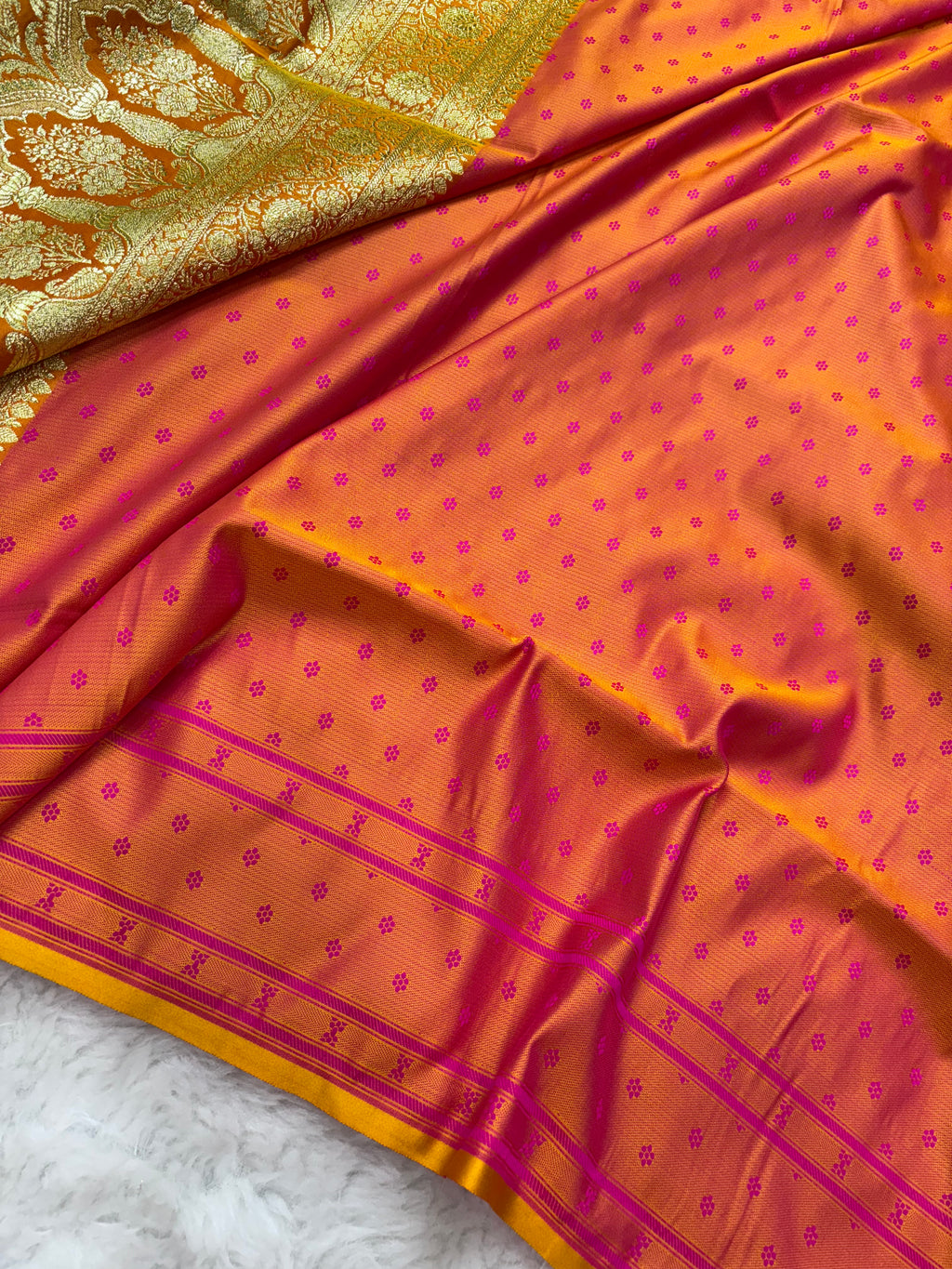 Fire Gold Satin Katan Silk Tanchoi Saree