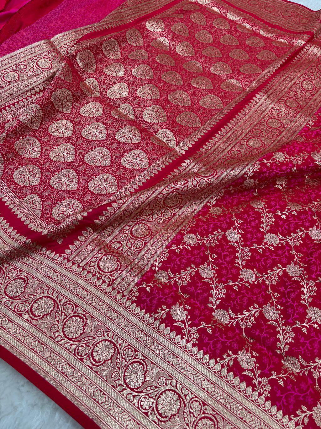 Cherry Red Satin Katan Silk Tanchoi Jaal Saree