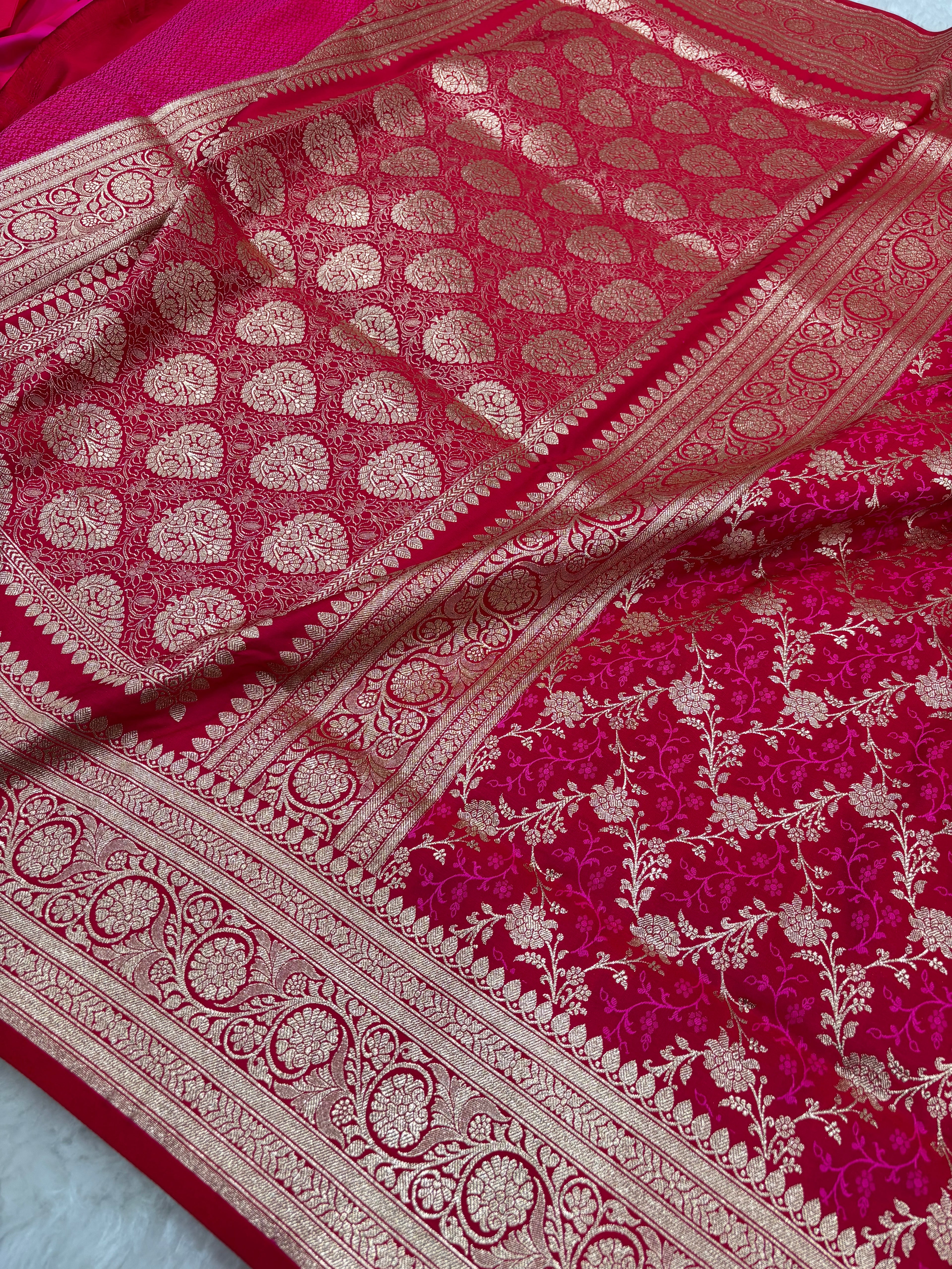 Cherry Red Satin Katan Silk Tanchoi Jaal Saree